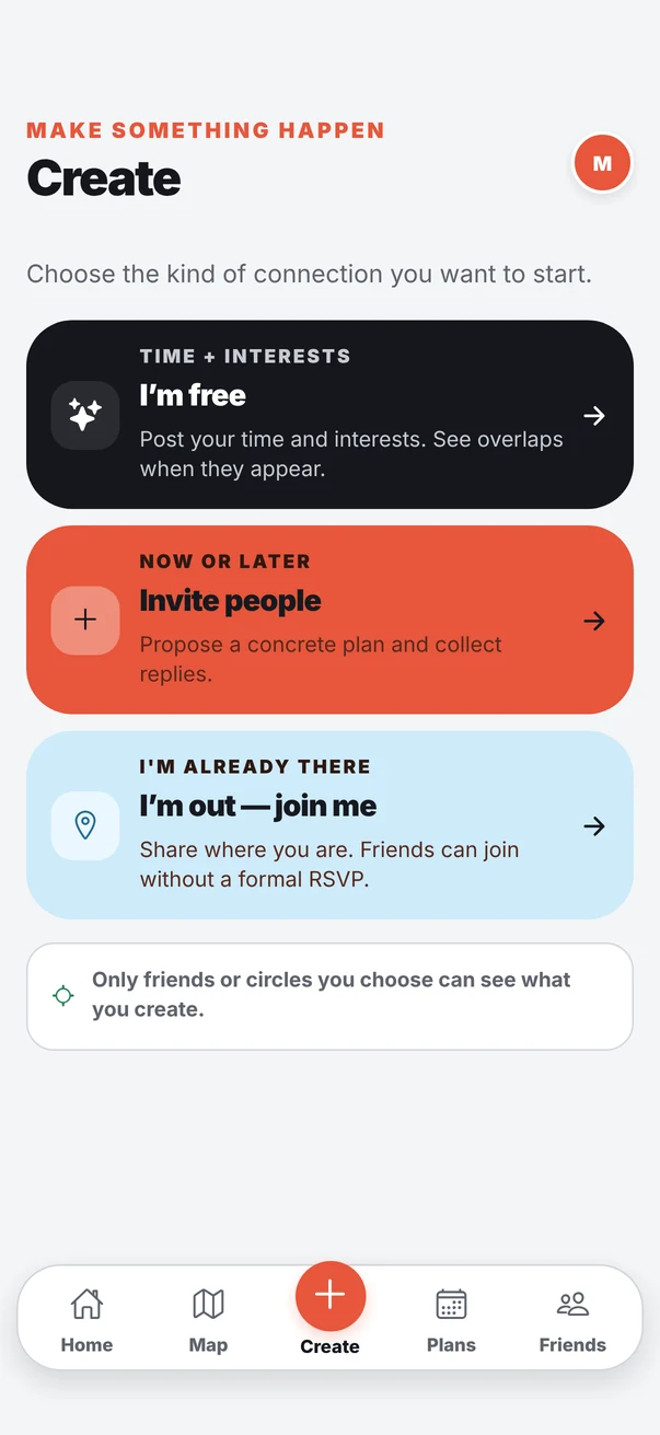 The Create screen in UpTo with three options: I'm free, Invite people, and I'm out, join me