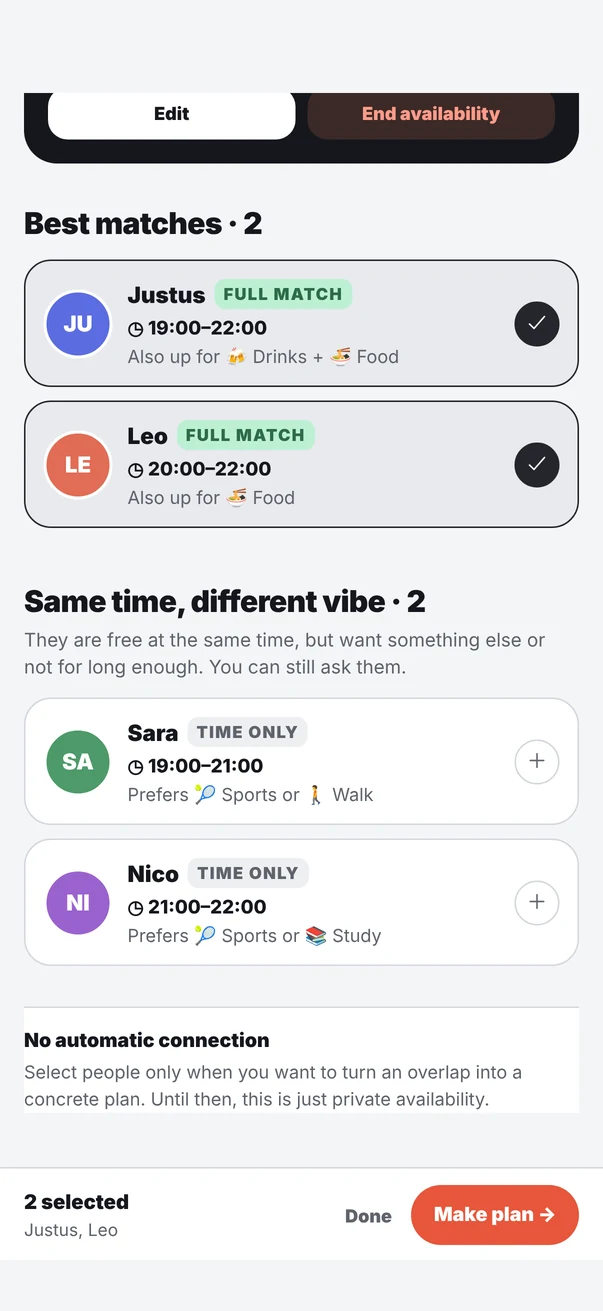 Matches: Justus and Leo are free at the same time, both selected to make a plan