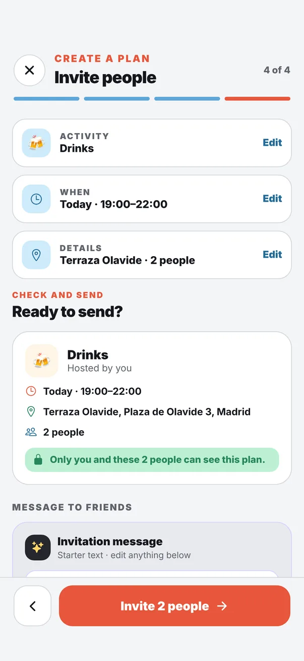 Ready to send: a plan with time, place and two invited friends